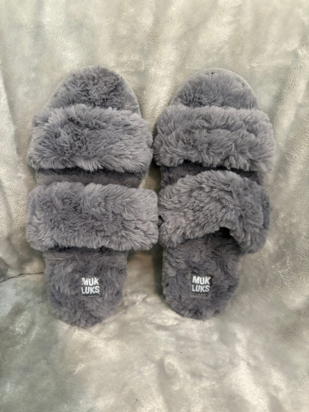 Muk Luks Plush Gray Double-Strap Fuzzy Slide Slippers